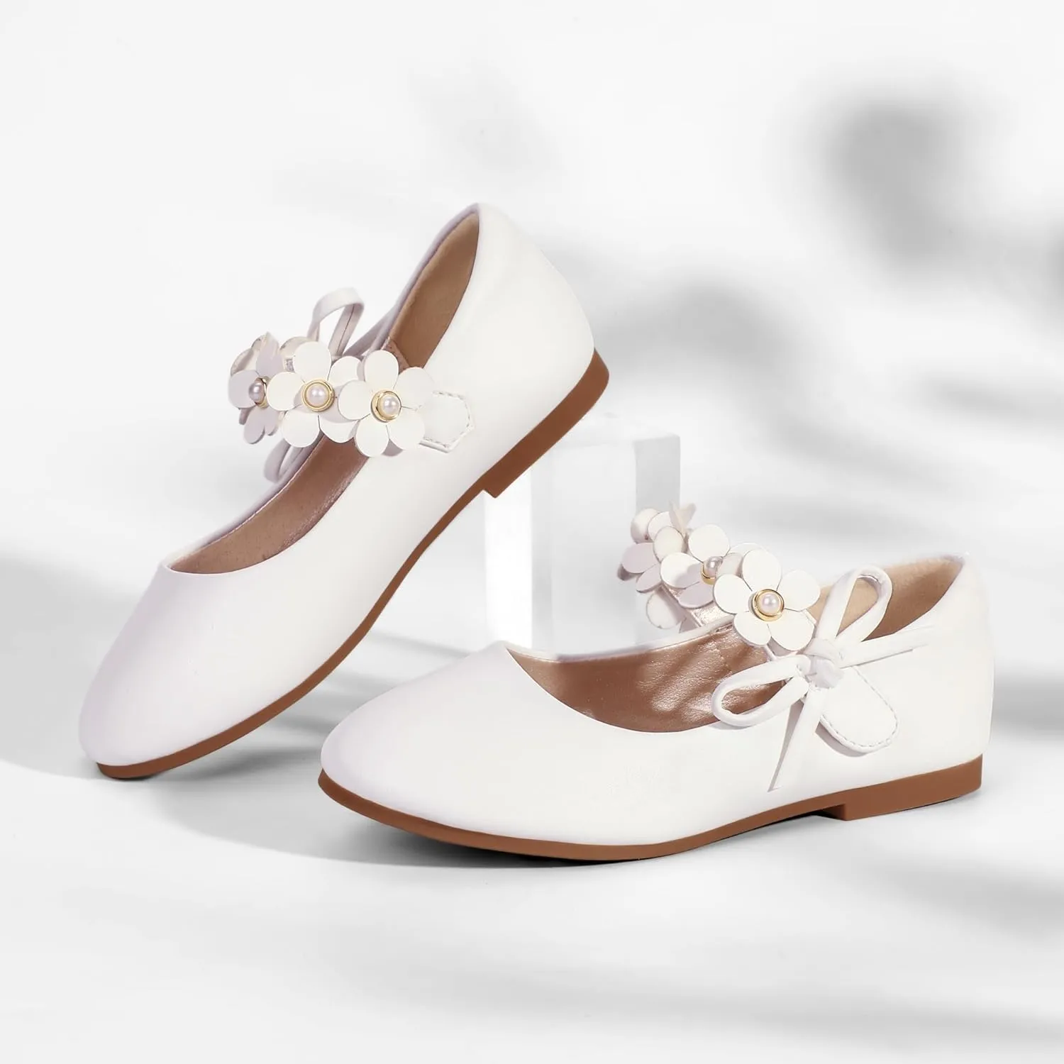 PANDANINJIA Toddler Girls Dress Shoes Flower Girl Flats Pearls Bow Mary Jane Wedding Party Flora Shoes