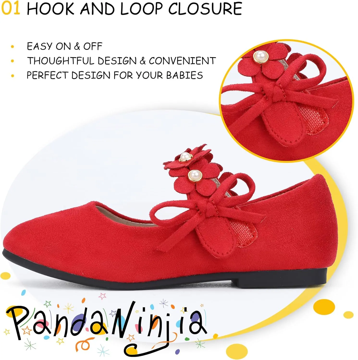 PANDANINJIA Toddler Girls Dress Shoes Flower Girl Flats Pearls Bow Mary Jane Wedding Party Flora Shoes