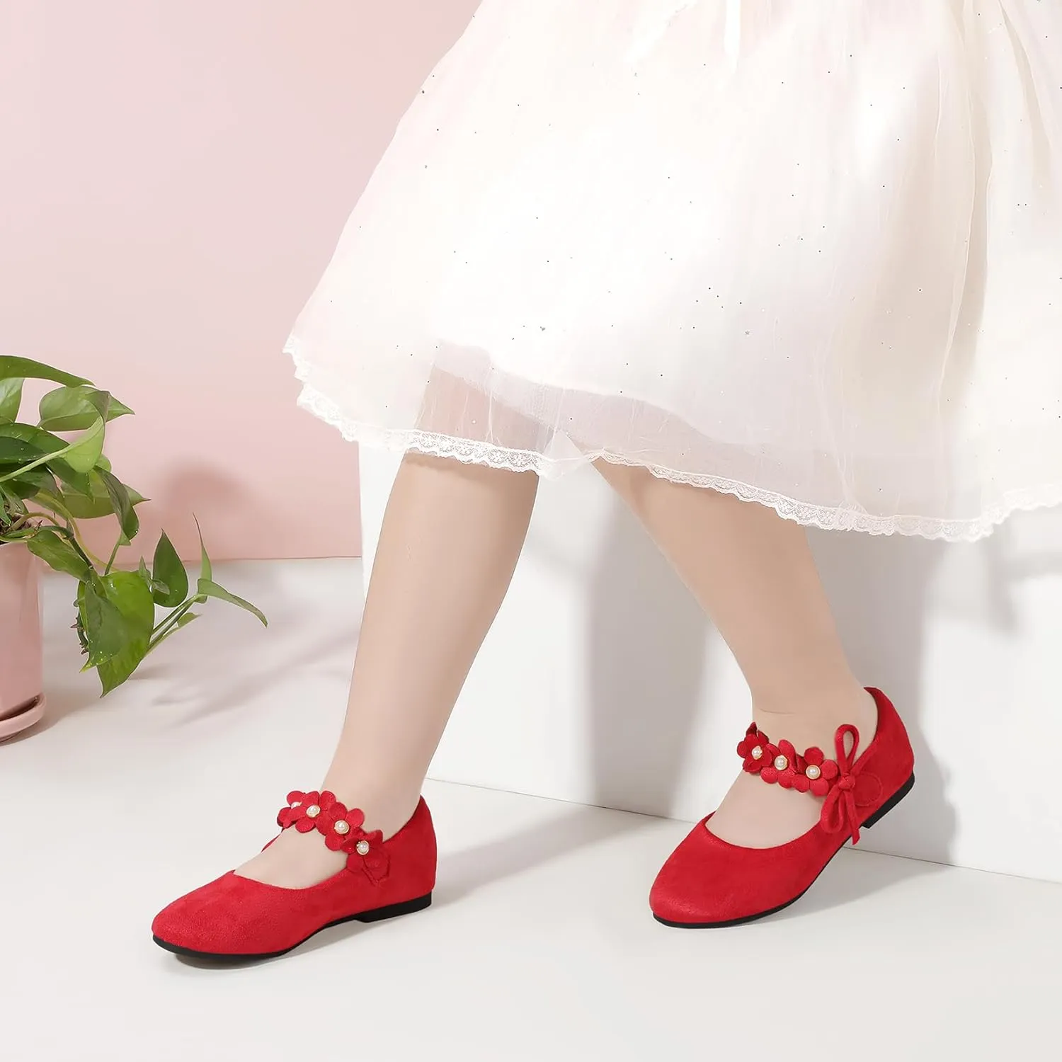 PANDANINJIA Toddler Girls Dress Shoes Flower Girl Flats Pearls Bow Mary Jane Wedding Party Flora Shoes