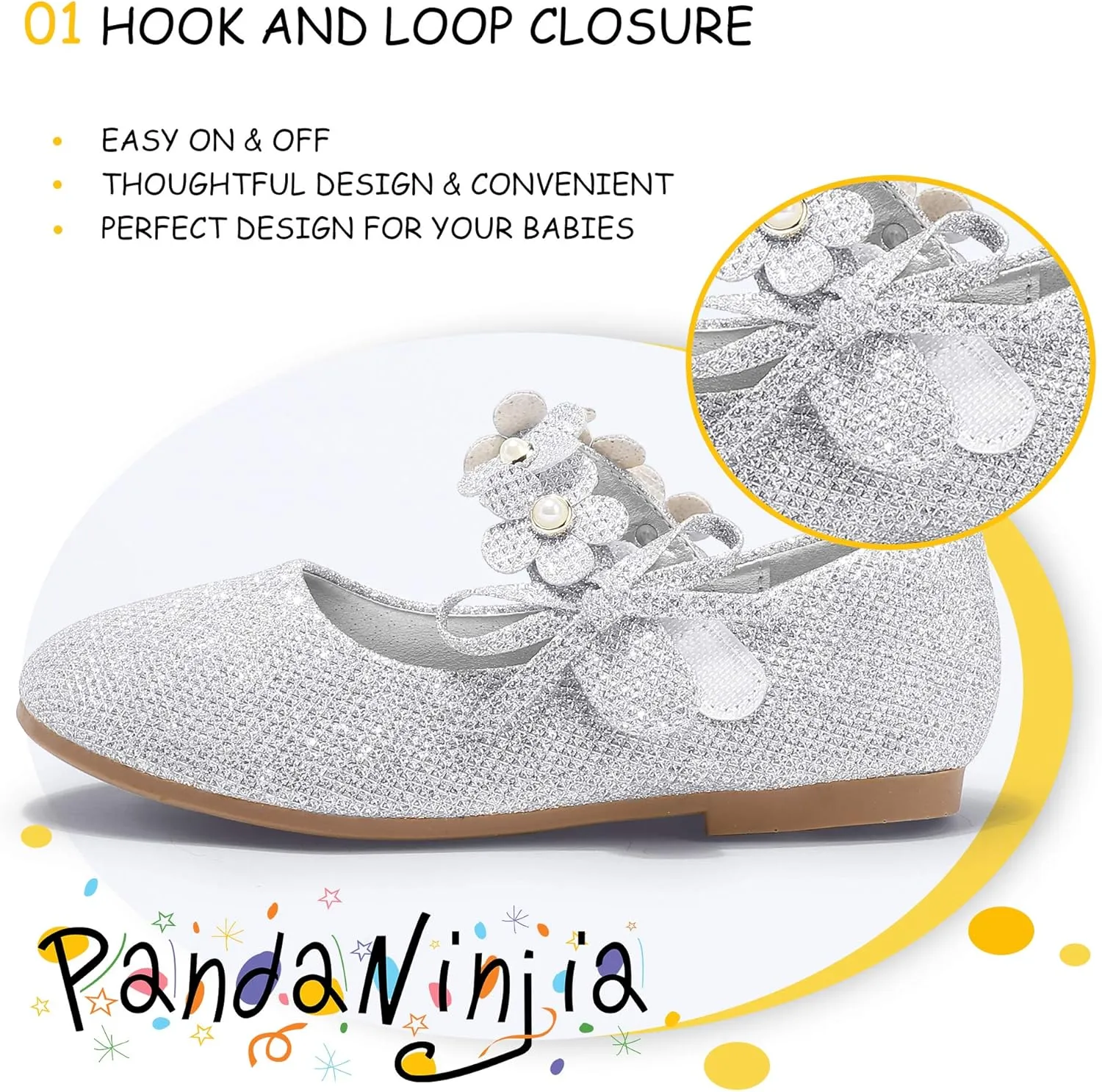 PANDANINJIA Toddler Girls Dress Shoes Flower Girl Flats Pearls Bow Mary Jane Wedding Party Flora Shoes