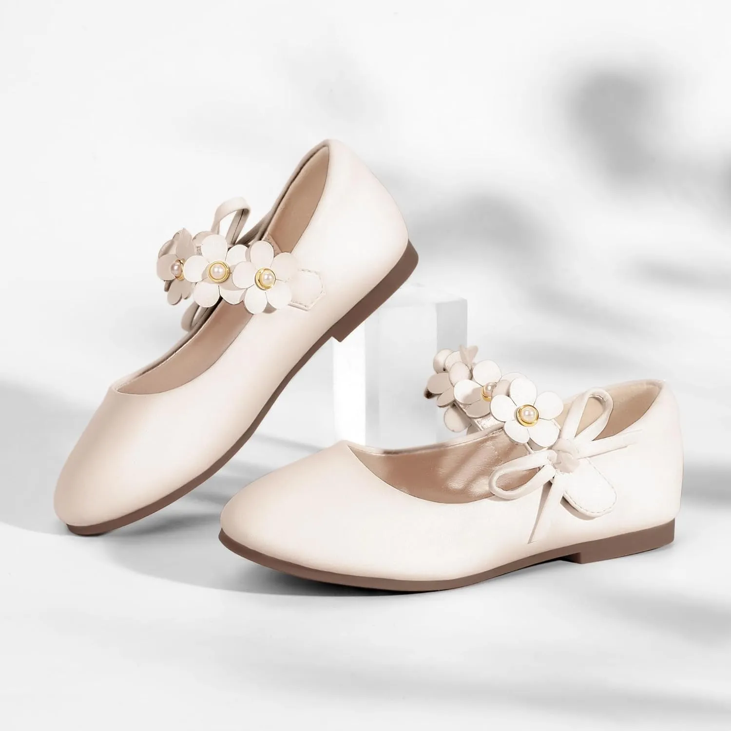 PANDANINJIA Toddler Girls Dress Shoes Flower Girl Flats Pearls Bow Mary Jane Wedding Party Flora Shoes