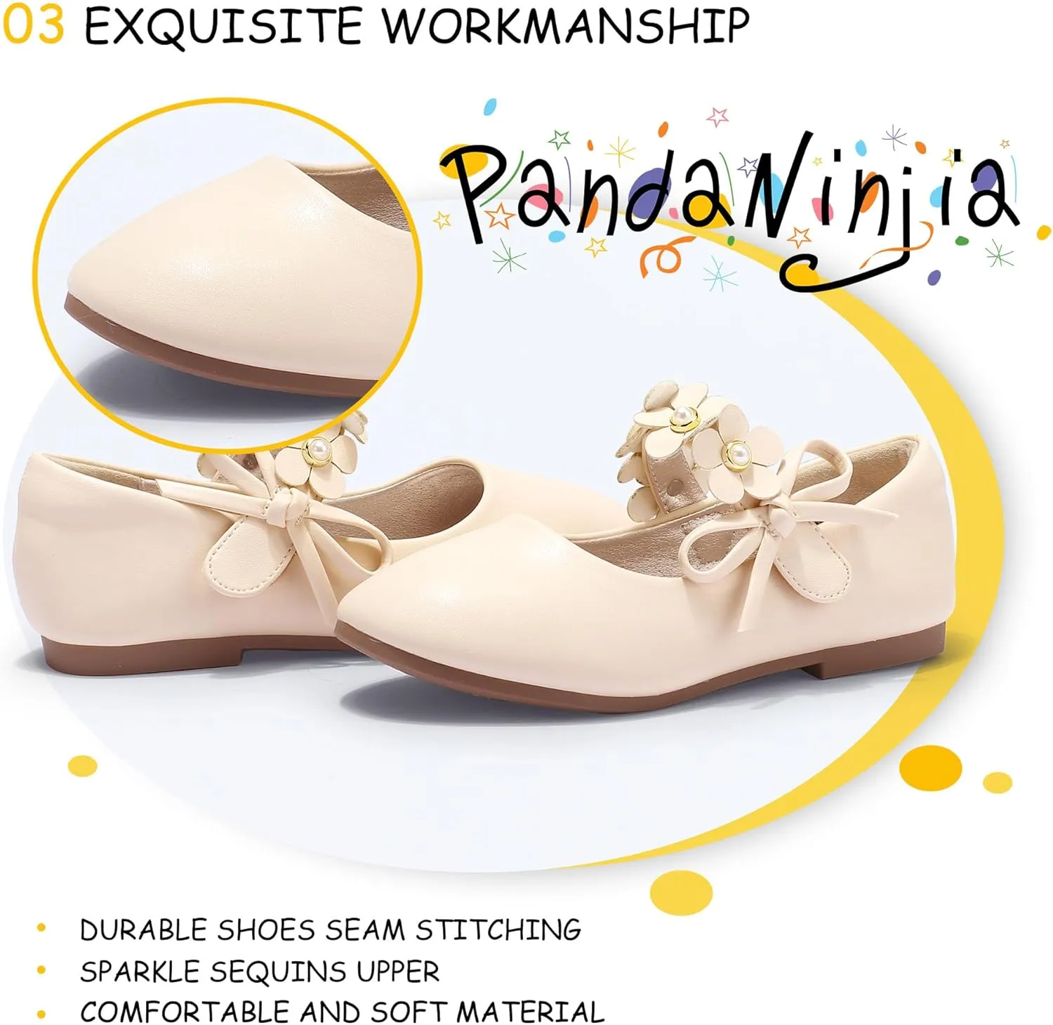 PANDANINJIA Toddler Girls Dress Shoes Flower Girl Flats Pearls Bow Mary Jane Wedding Party Flora Shoes