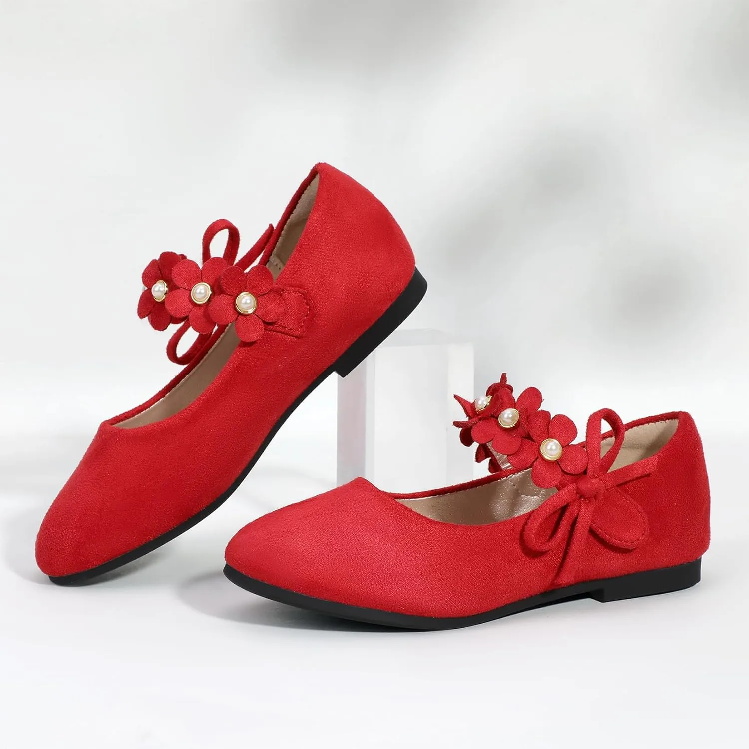 PANDANINJIA Toddler Girls Dress Shoes Flower Girl Flats Pearls Bow Mary Jane Wedding Party Flora Shoes