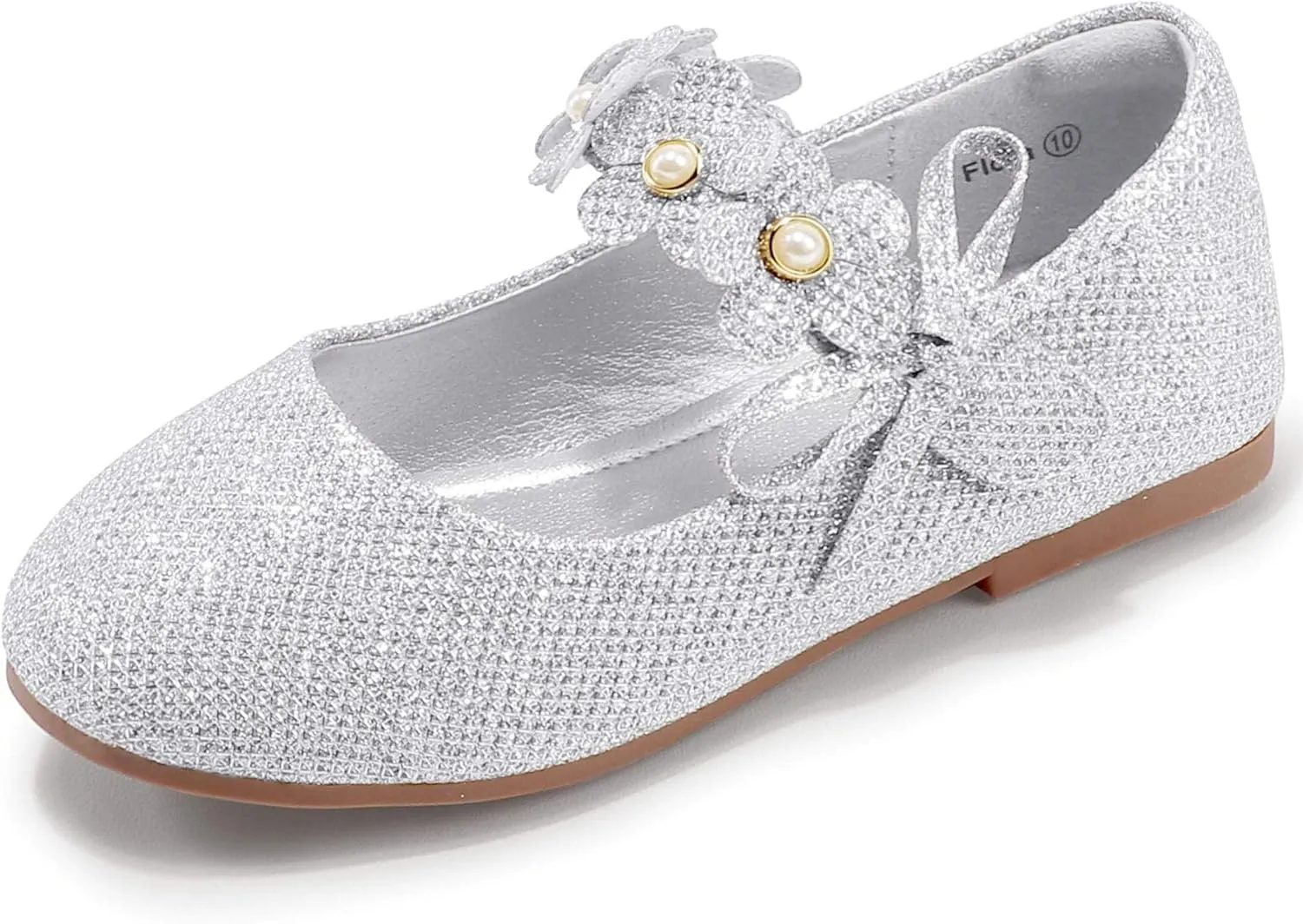 PANDANINJIA Toddler Girls Dress Shoes Flower Girl Flats Pearls Bow Mary Jane Wedding Party Flora Shoes