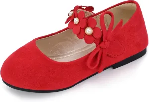 PANDANINJIA Toddler Girls Dress Shoes Flower Girl Flats Pearls Bow Mary Jane Wedding Party Flora Shoes