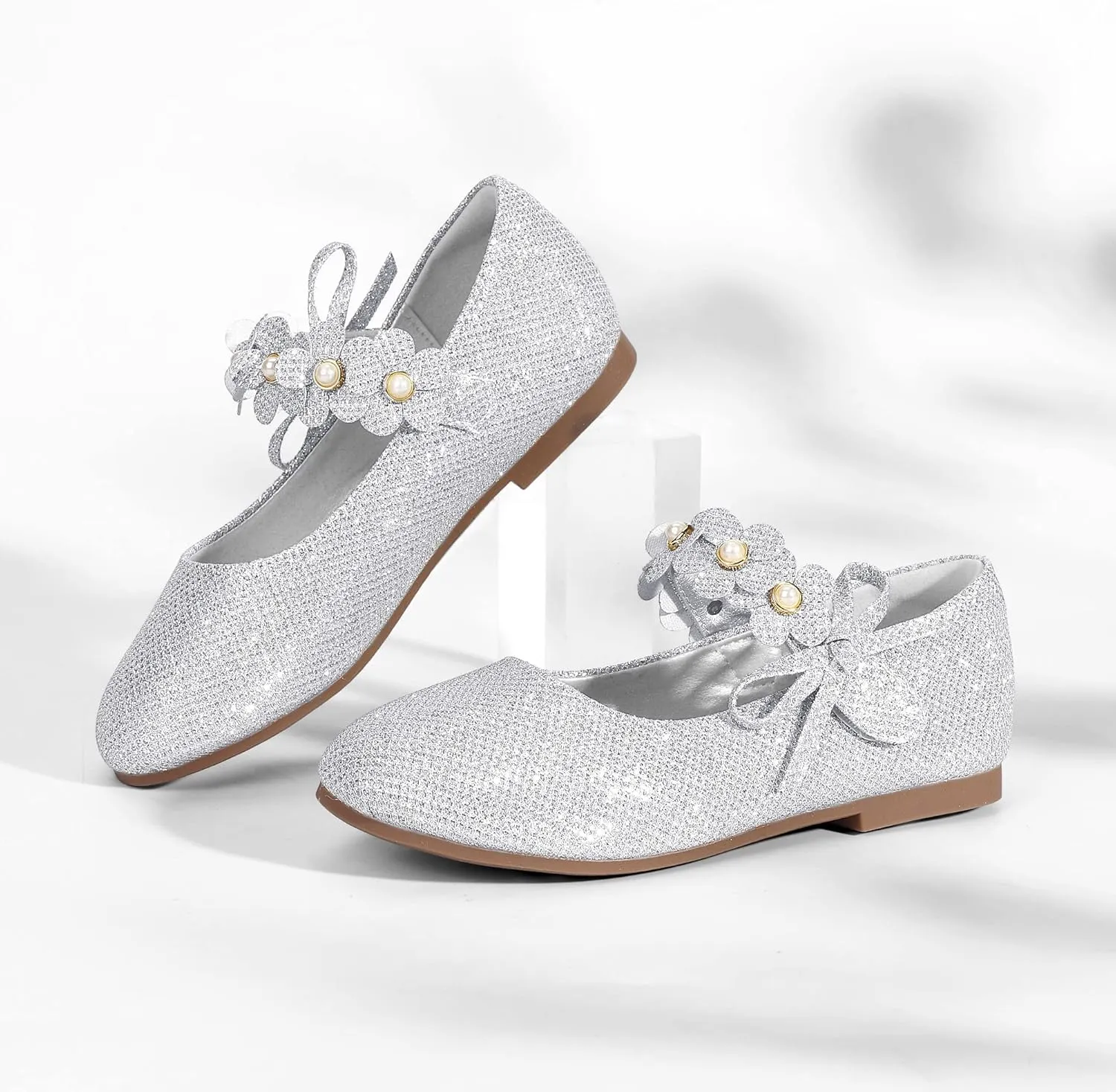 PANDANINJIA Toddler Girls Dress Shoes Flower Girl Flats Pearls Bow Mary Jane Wedding Party Flora Shoes