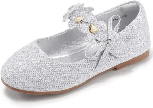 PANDANINJIA Toddler Girls Dress Shoes Flower Girl Flats Pearls Bow Mary Jane Wedding Party Flora Shoes