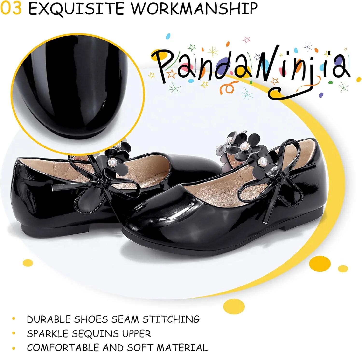 PANDANINJIA Toddler Girls Dress Shoes Flower Girl Flats Pearls Bow Mary Jane Wedding Party Flora Shoes