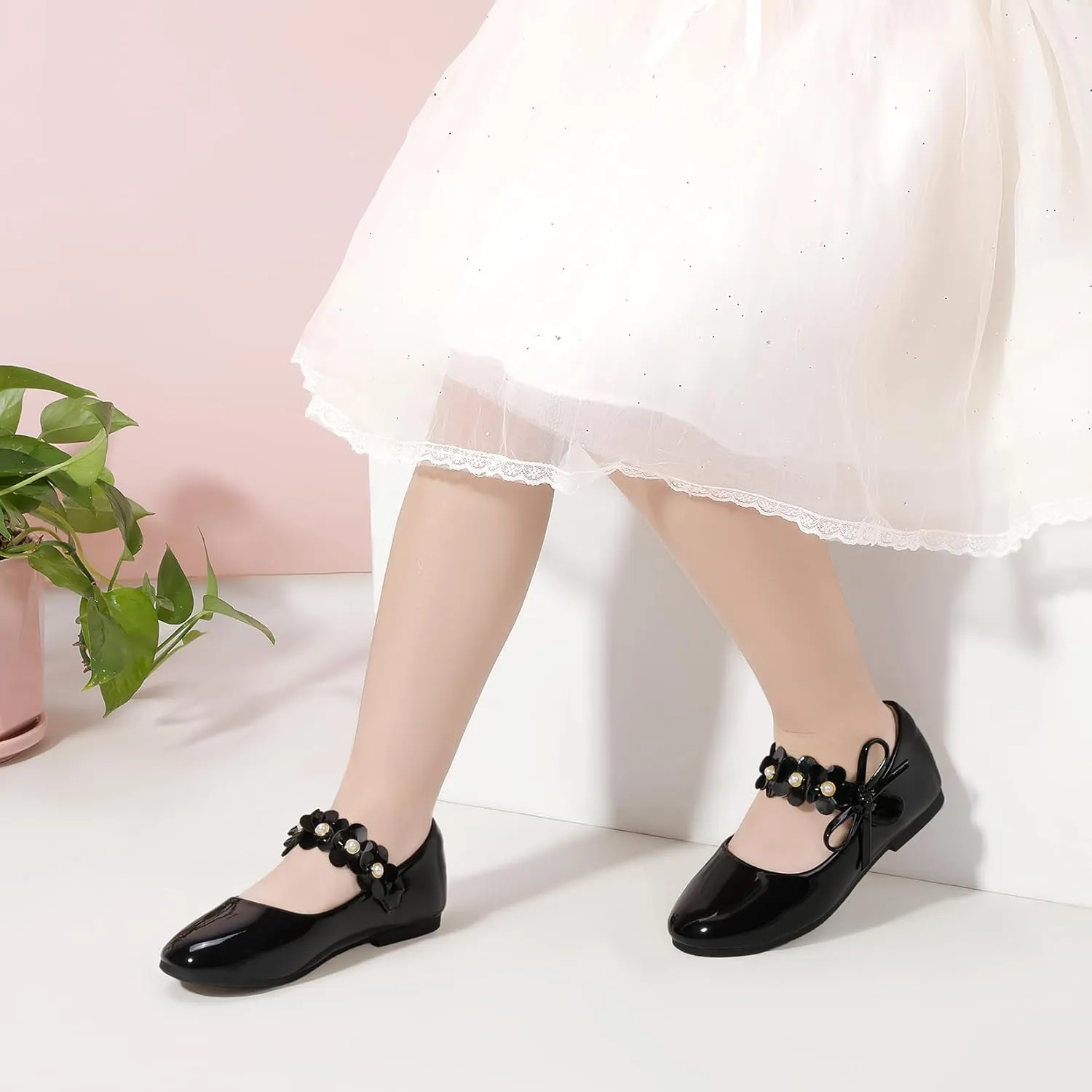 PANDANINJIA Toddler Girls Dress Shoes Flower Girl Flats Pearls Bow Mary Jane Wedding Party Flora Shoes