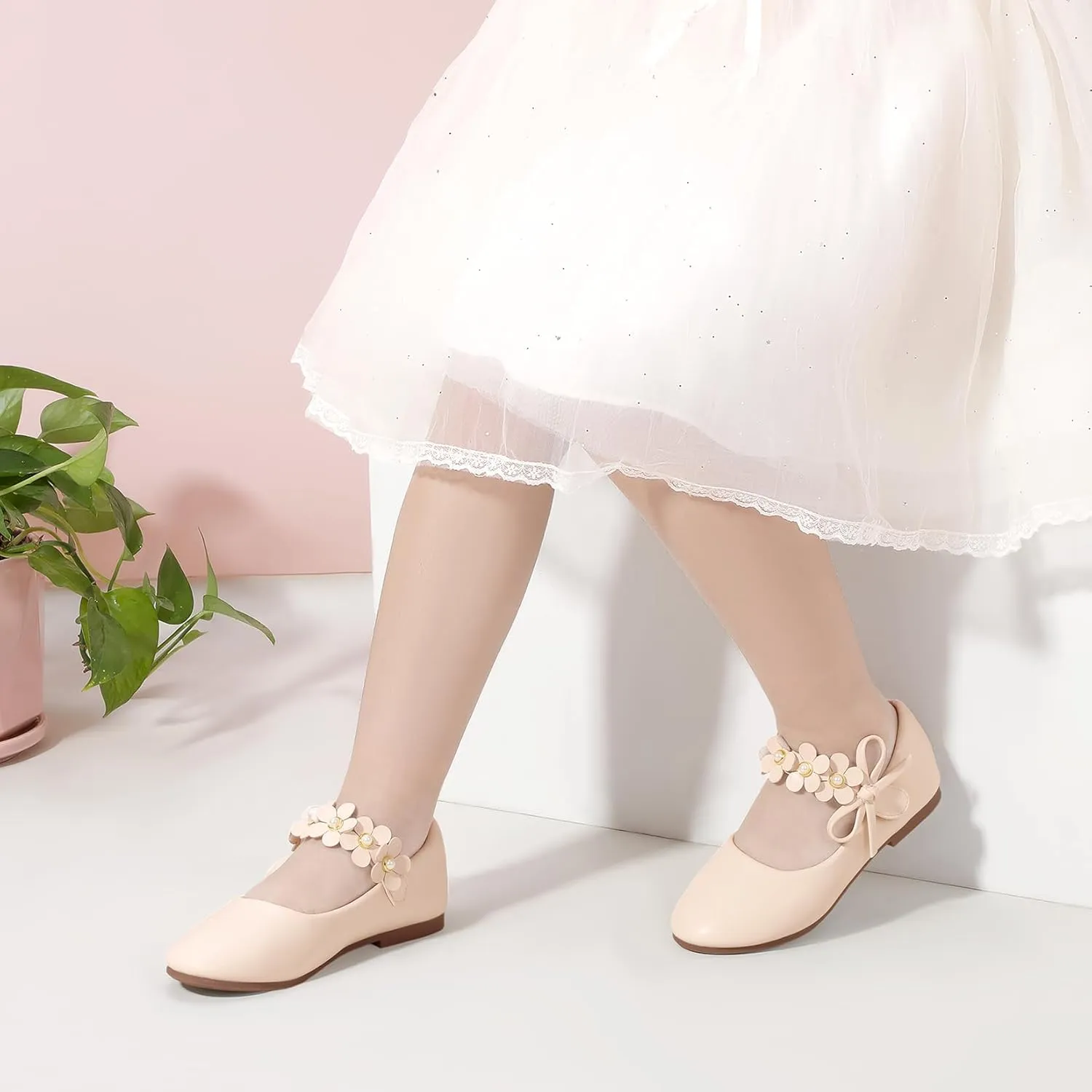 PANDANINJIA Toddler Girls Dress Shoes Flower Girl Flats Pearls Bow Mary Jane Wedding Party Flora Shoes