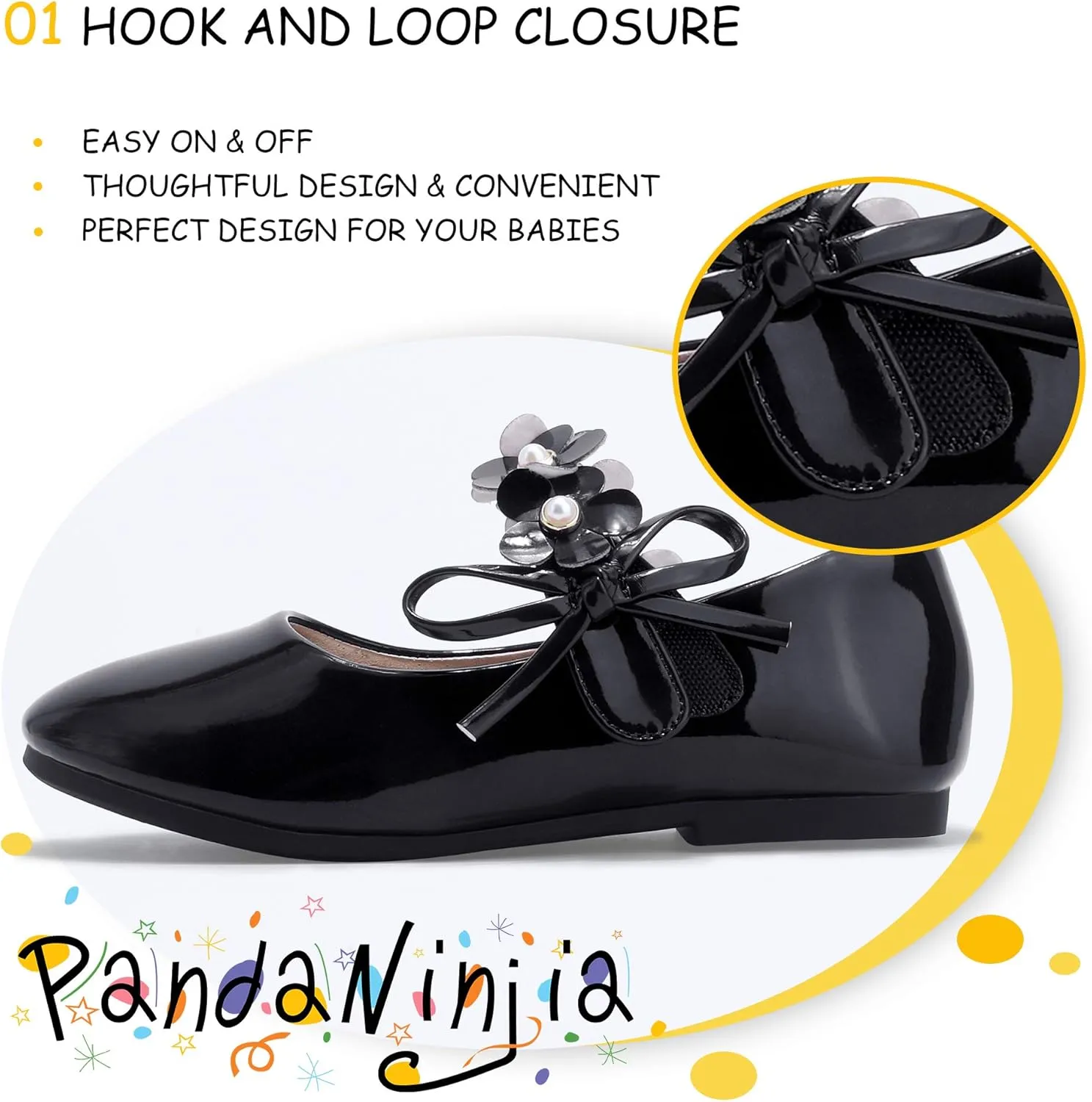 PANDANINJIA Toddler Girls Dress Shoes Flower Girl Flats Pearls Bow Mary Jane Wedding Party Flora Shoes