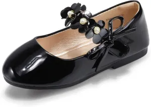 PANDANINJIA Toddler Girls Dress Shoes Flower Girl Flats Pearls Bow Mary Jane Wedding Party Flora Shoes