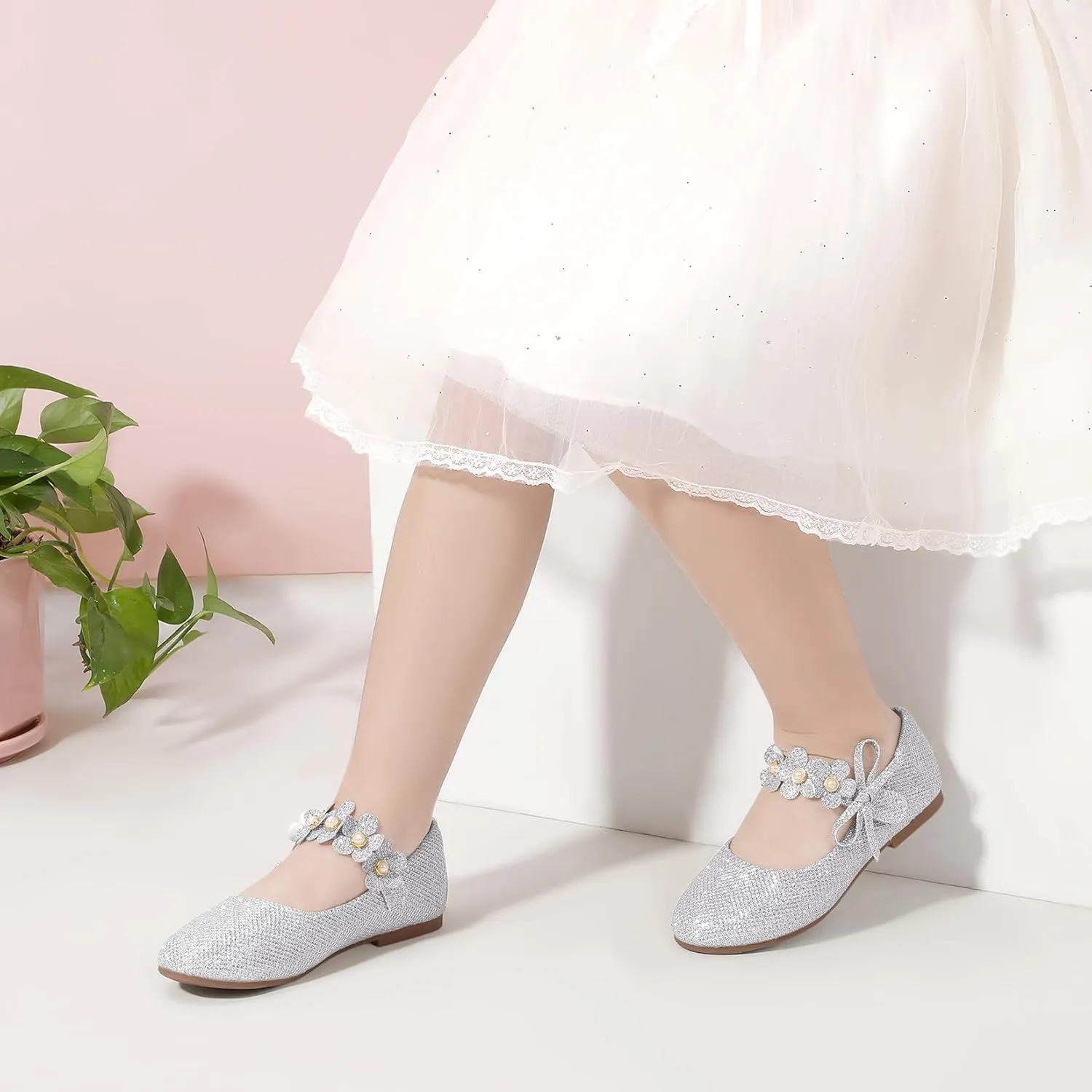 PANDANINJIA Toddler Girls Dress Shoes Flower Girl Flats Pearls Bow Mary Jane Wedding Party Flora Shoes