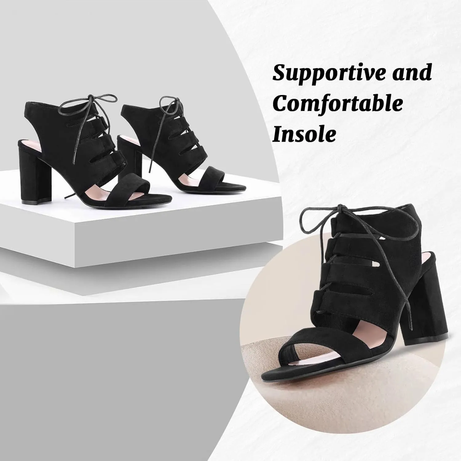 perixir Women's Black Heeled Sandals With Lace Up And Peep Toe Elegant Block High Heel Sandal For Women Fashion Dress Strappy Heels Womens Comfortable Shoes For Wedding Office Party