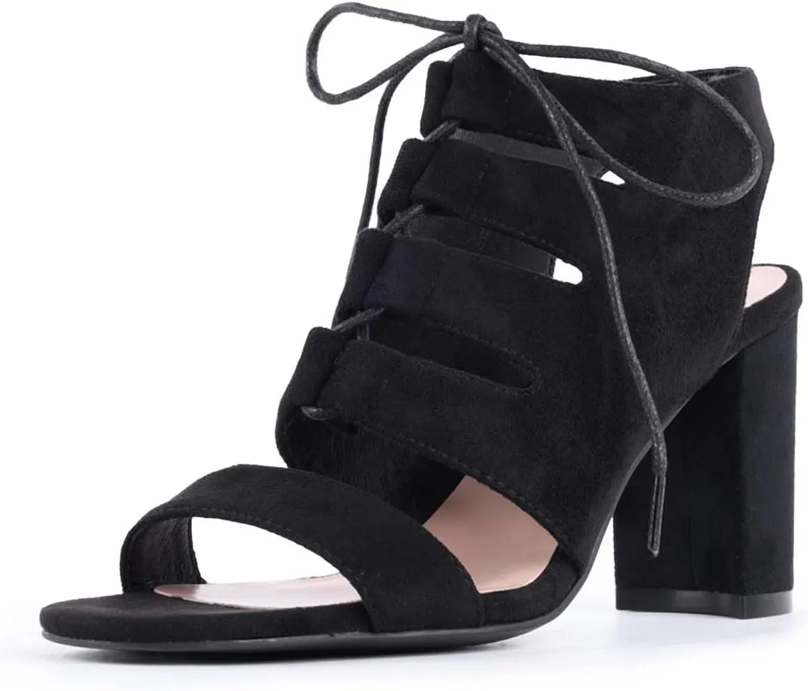 perixir Women's Black Heeled Sandals With Lace Up And Peep Toe Elegant Block High Heel Sandal For Women Fashion Dress Strappy Heels Womens Comfortable Shoes For Wedding Office Party