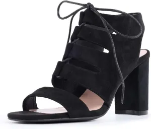 perixir Women's Black Heeled Sandals With Lace Up And Peep Toe Elegant Block High Heel Sandal For Women Fashion Dress Strappy Heels Womens Comfortable Shoes For Wedding Office Party