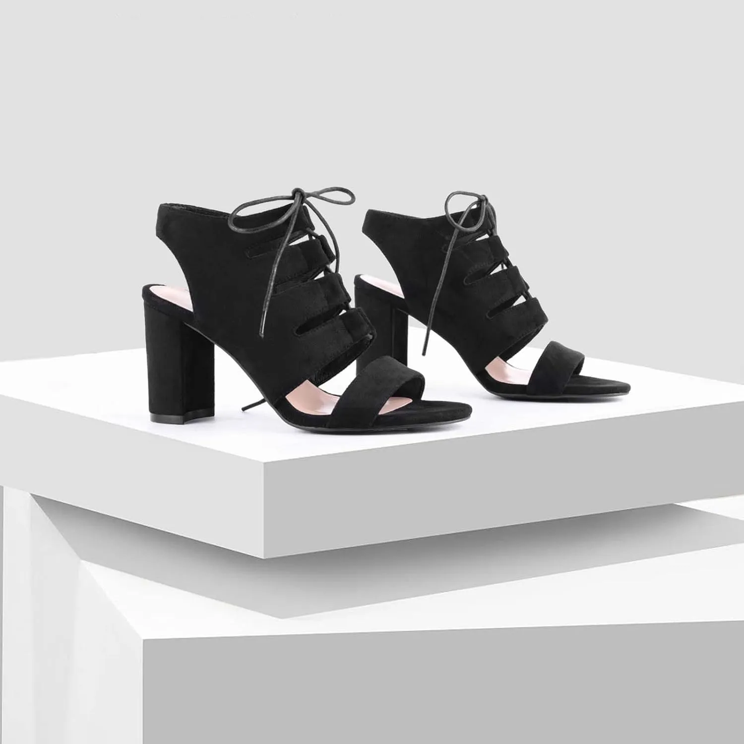 perixir Women's Black Heeled Sandals With Lace Up And Peep Toe Elegant Block High Heel Sandal For Women Fashion Dress Strappy Heels Womens Comfortable Shoes For Wedding Office Party
