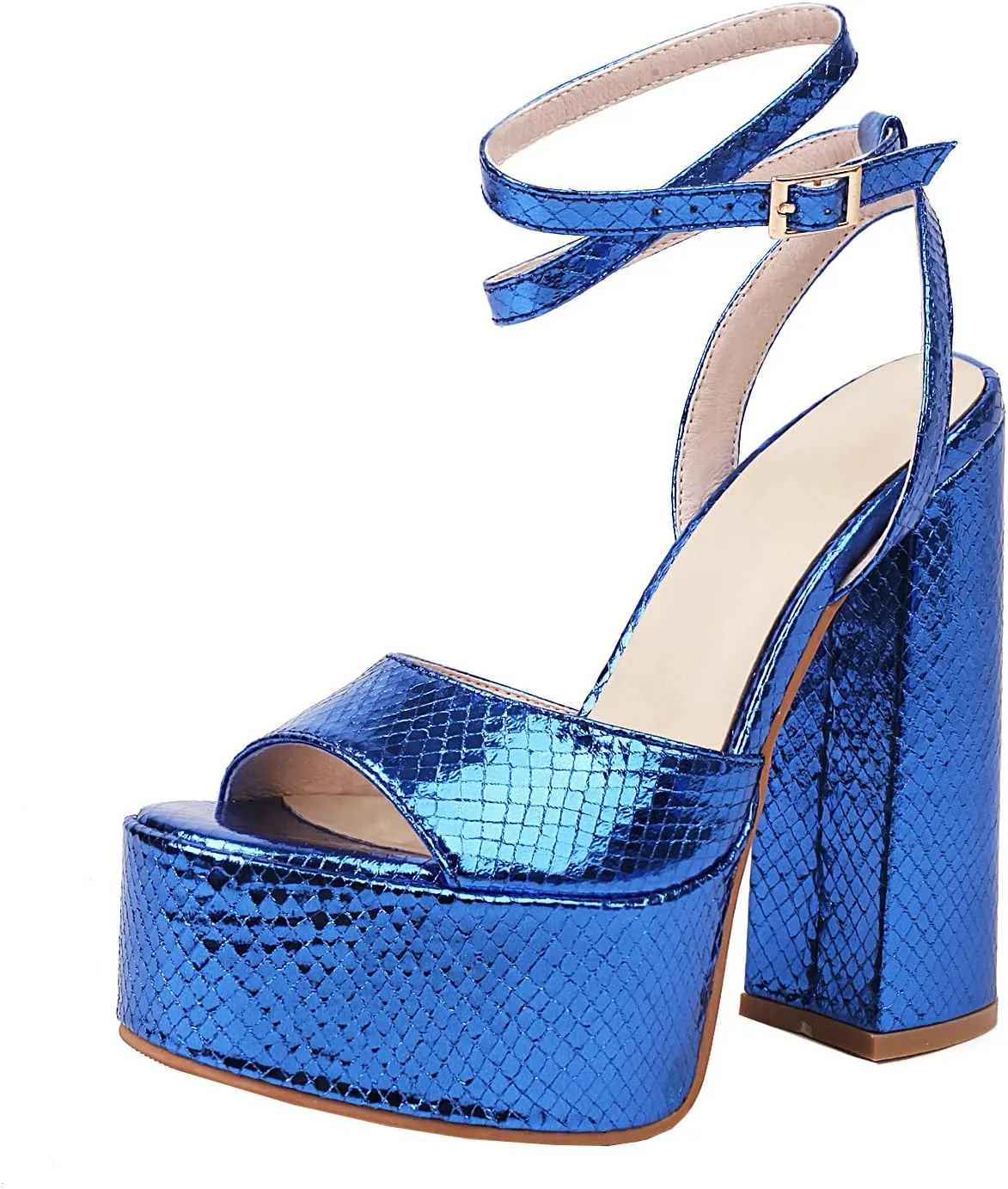 Platform Chunky High Heels Sandals Glitter Sparkle Shoes Metallic Snakeskin Open Toe Block Heel Ankle Wrap Adjustable Buckle Wedding Party Dress Pumps for Women