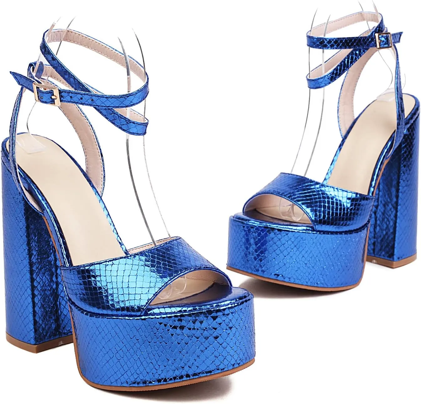 Platform Chunky High Heels Sandals Glitter Sparkle Shoes Metallic Snakeskin Open Toe Block Heel Ankle Wrap Adjustable Buckle Wedding Party Dress Pumps for Women