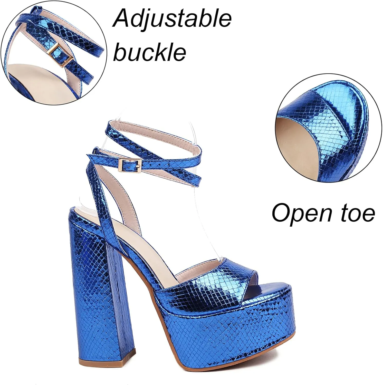 Platform Chunky High Heels Sandals Glitter Sparkle Shoes Metallic Snakeskin Open Toe Block Heel Ankle Wrap Adjustable Buckle Wedding Party Dress Pumps for Women