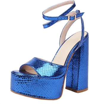 Platform Chunky High Heels Sandals Glitter Sparkle Shoes Metallic Snakeskin Open Toe Block Heel Ankle Wrap Adjustable Buckle Wedding Party Dress Pumps for Women