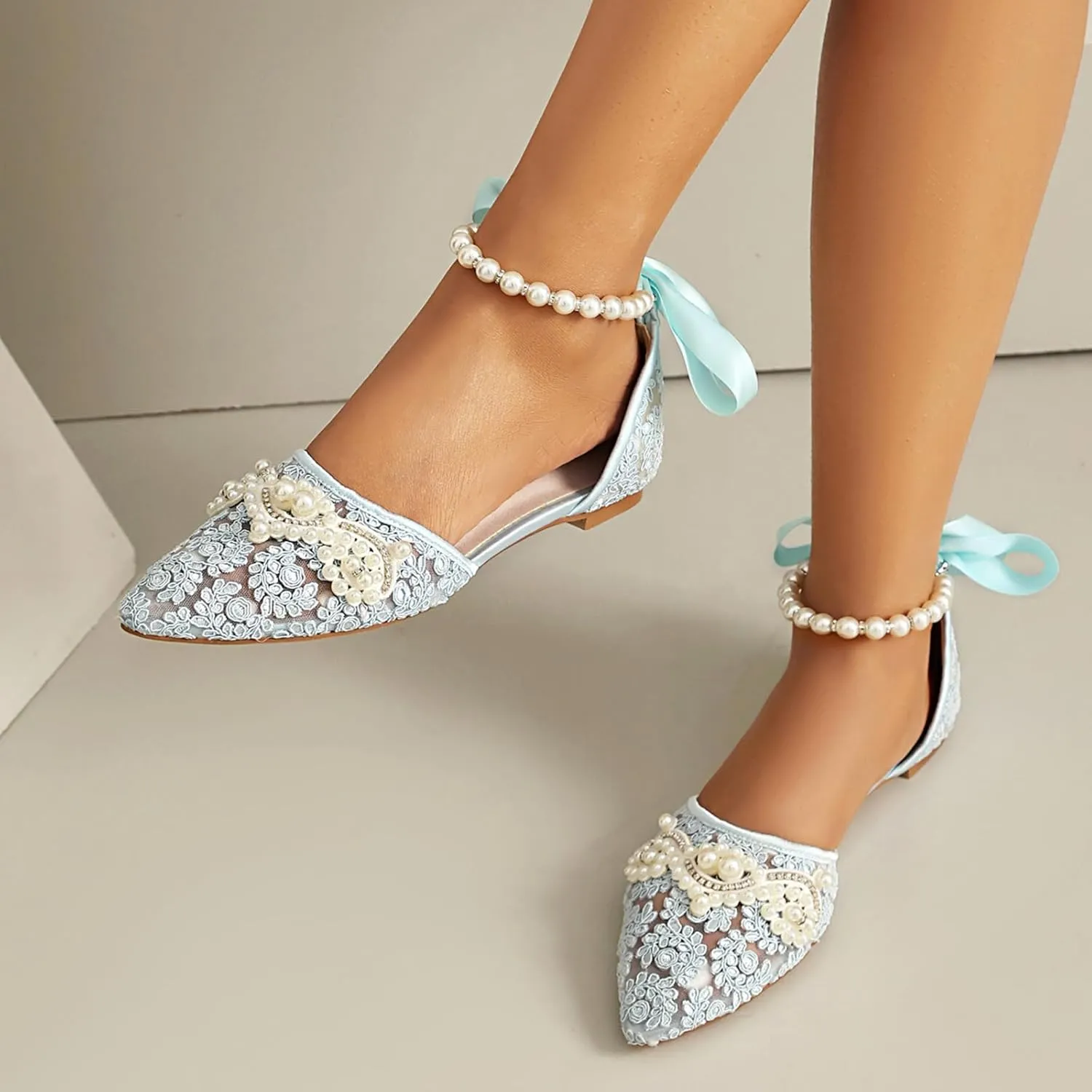 Pointed Toe Pearl Flats for Women Lace Up String Bead Riband Sandals Closed Toe Satin Bow Pumps
