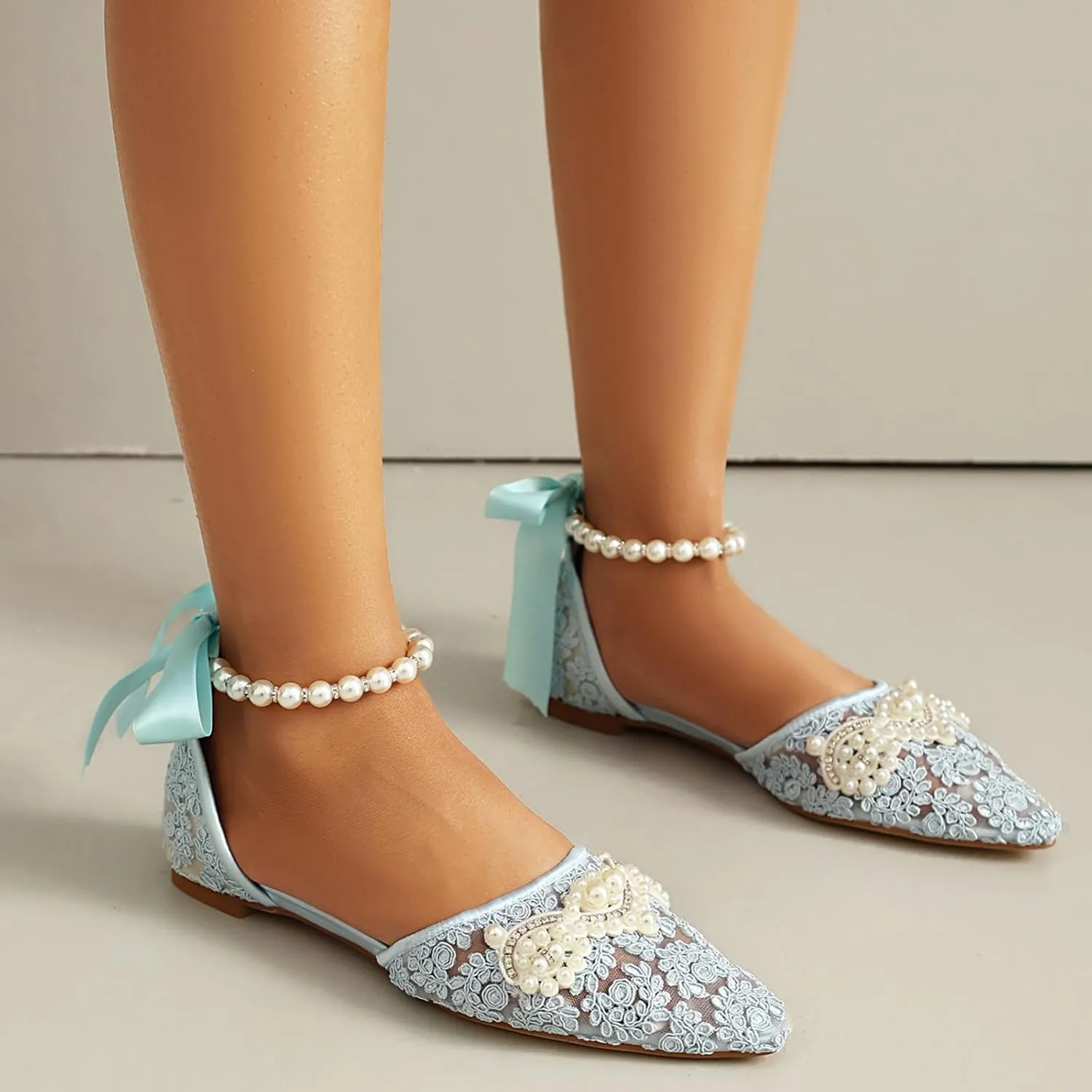 Pointed Toe Pearl Flats for Women Lace Up String Bead Riband Sandals Closed Toe Satin Bow Pumps