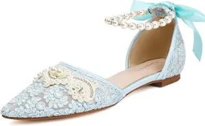 Pointed Toe Pearl Flats for Women Lace Up String Bead Riband Sandals Closed Toe Satin Bow Pumps