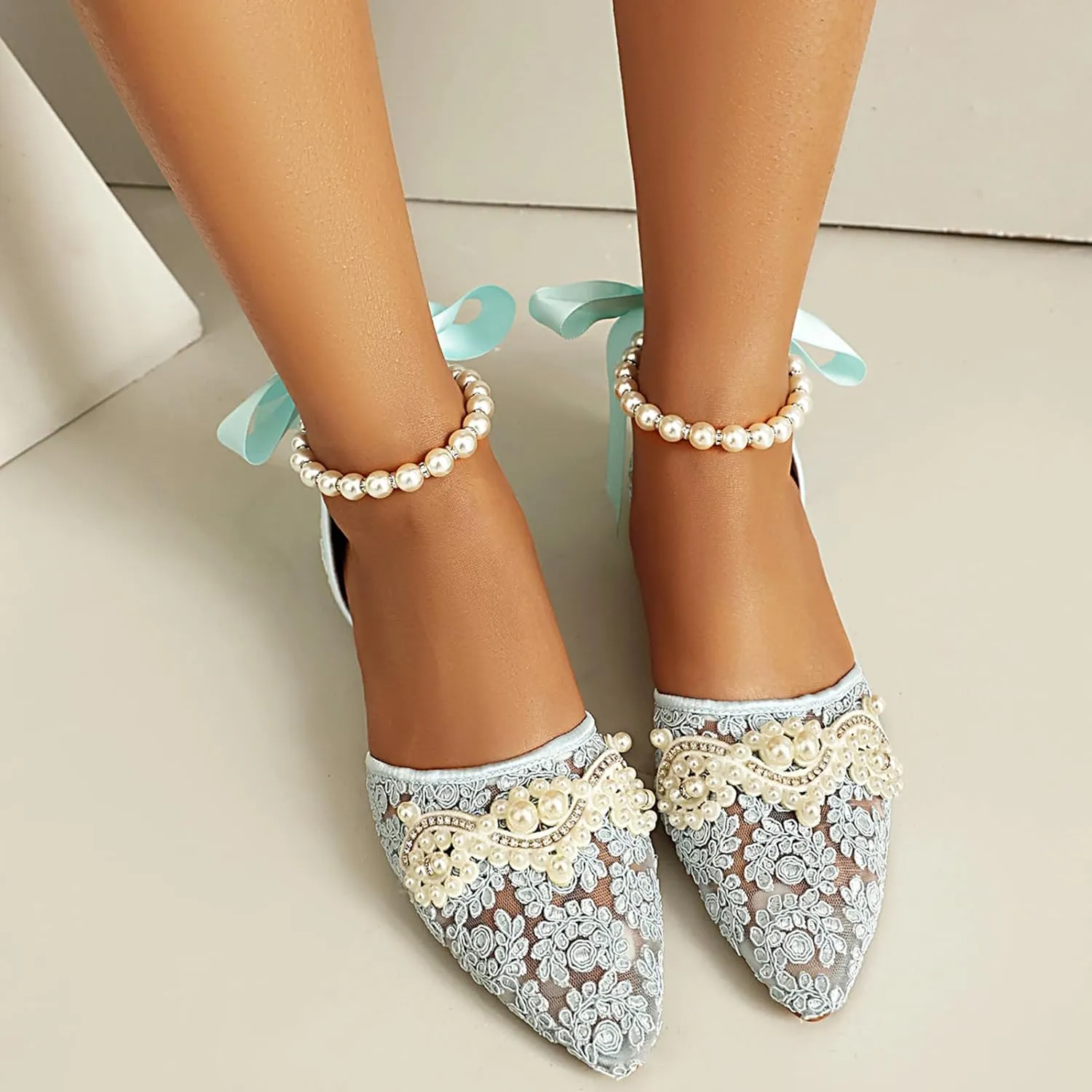Pointed Toe Pearl Flats for Women Lace Up String Bead Riband Sandals Closed Toe Satin Bow Pumps