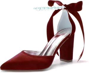Pointed Toe Wedding Block Heels 9CM Shoes Pearl Ankle Buckle Bridal Sandals Satin Bowknot Strap Evening Party Dress Pumps Beaded,Wine red,7