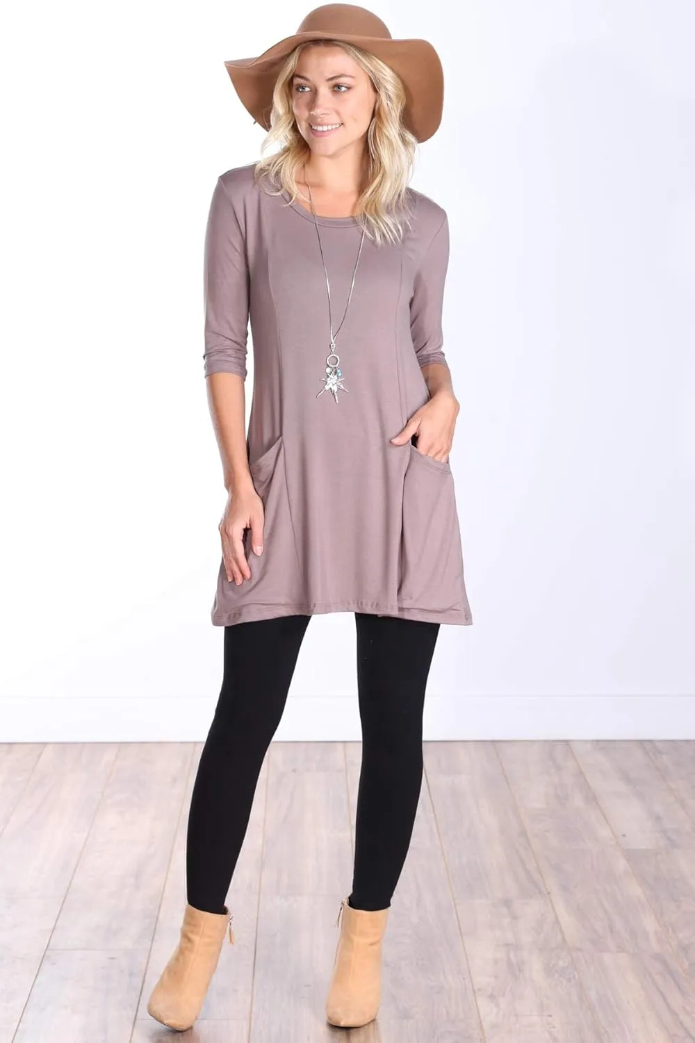 Popana Womens 3/4 Sleeve Tunic Top with Pockets - Made in USA Long Shirts to Wear with Leggings - Tunic Pullover for Women