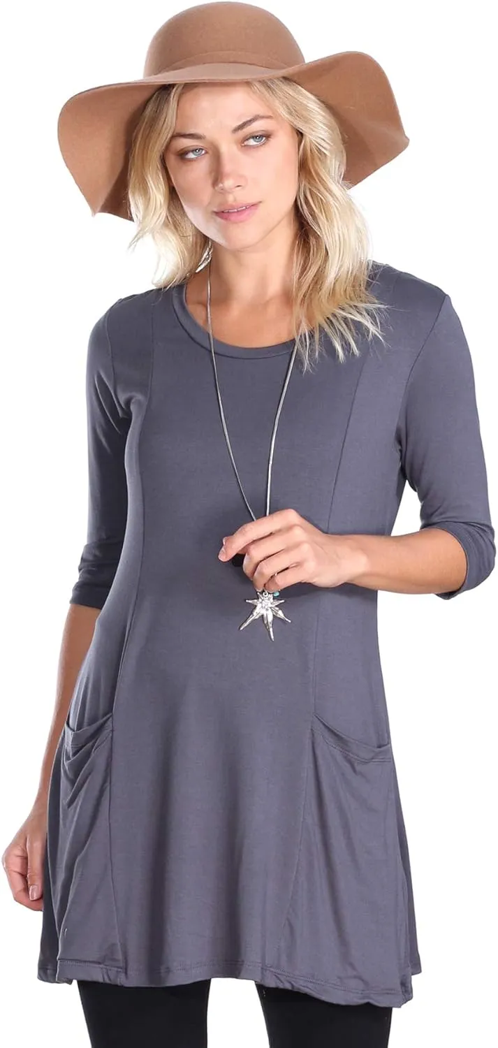 Popana Womens 3/4 Sleeve Tunic Top with Pockets - Made in USA Long Shirts to Wear with Leggings - Tunic Pullover for Women