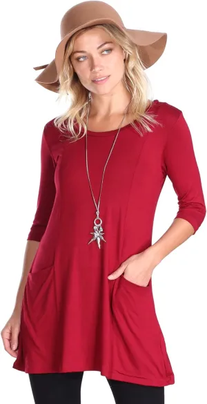 Popana Womens 3/4 Sleeve Tunic Top with Pockets - Made in USA Long Shirts to Wear with Leggings - Tunic Pullover for Women