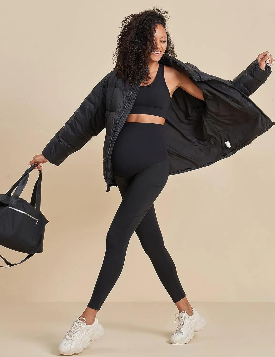 POSHDIVAH Women's Maternity Fleece Lined Leggings Over The Belly Pregnancy Winter Warm Yoga Workout Active Pants with Pockets