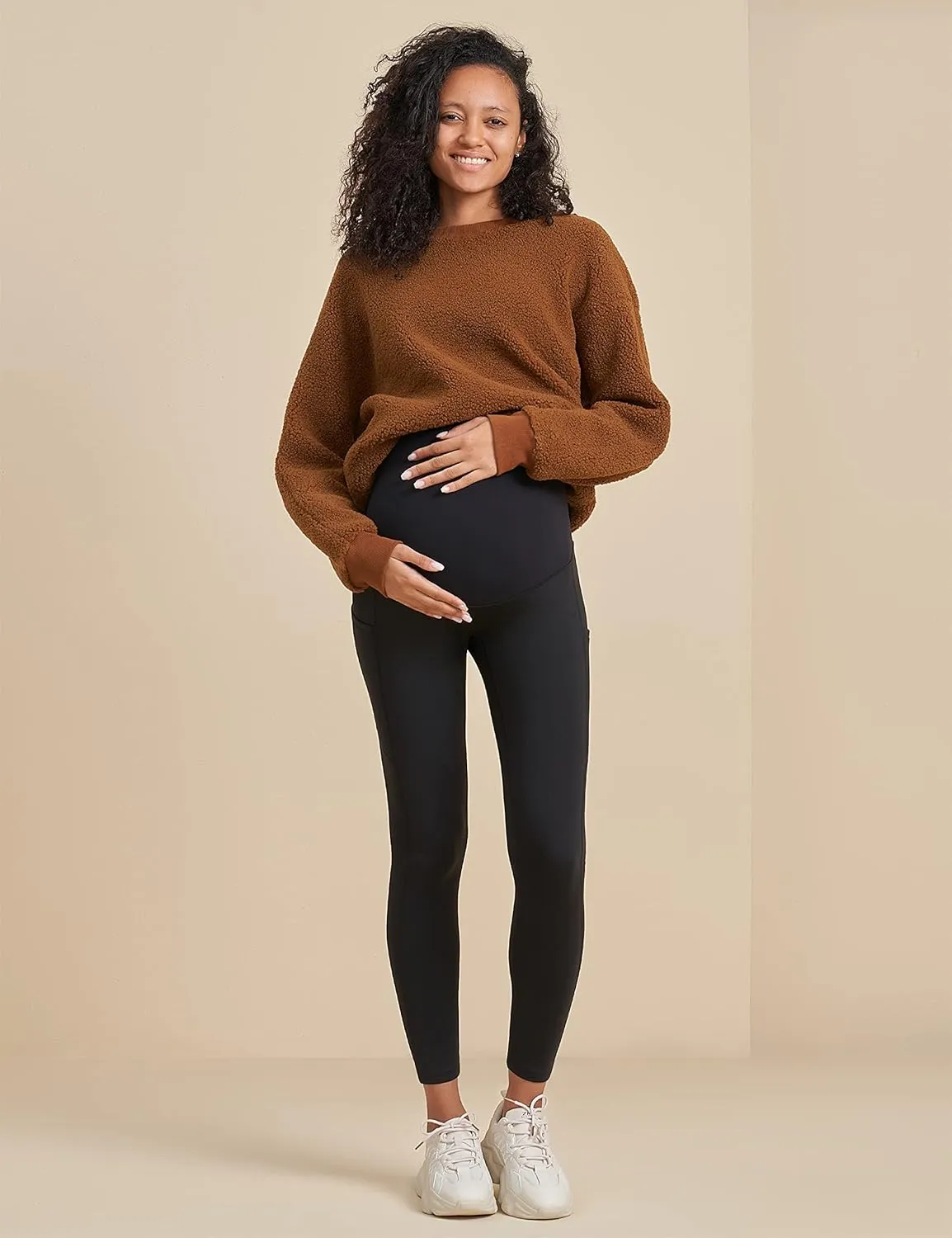 POSHDIVAH Women's Maternity Fleece Lined Leggings Over The Belly Pregnancy Winter Warm Yoga Workout Active Pants with Pockets