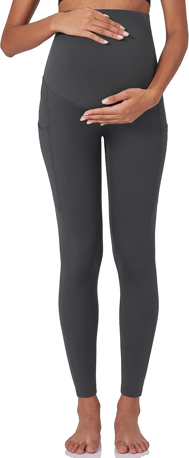 POSHDIVAH Women's Maternity Fleece Lined Leggings Over The Belly Pregnancy Winter Warm Yoga Workout Active Pants with Pockets
