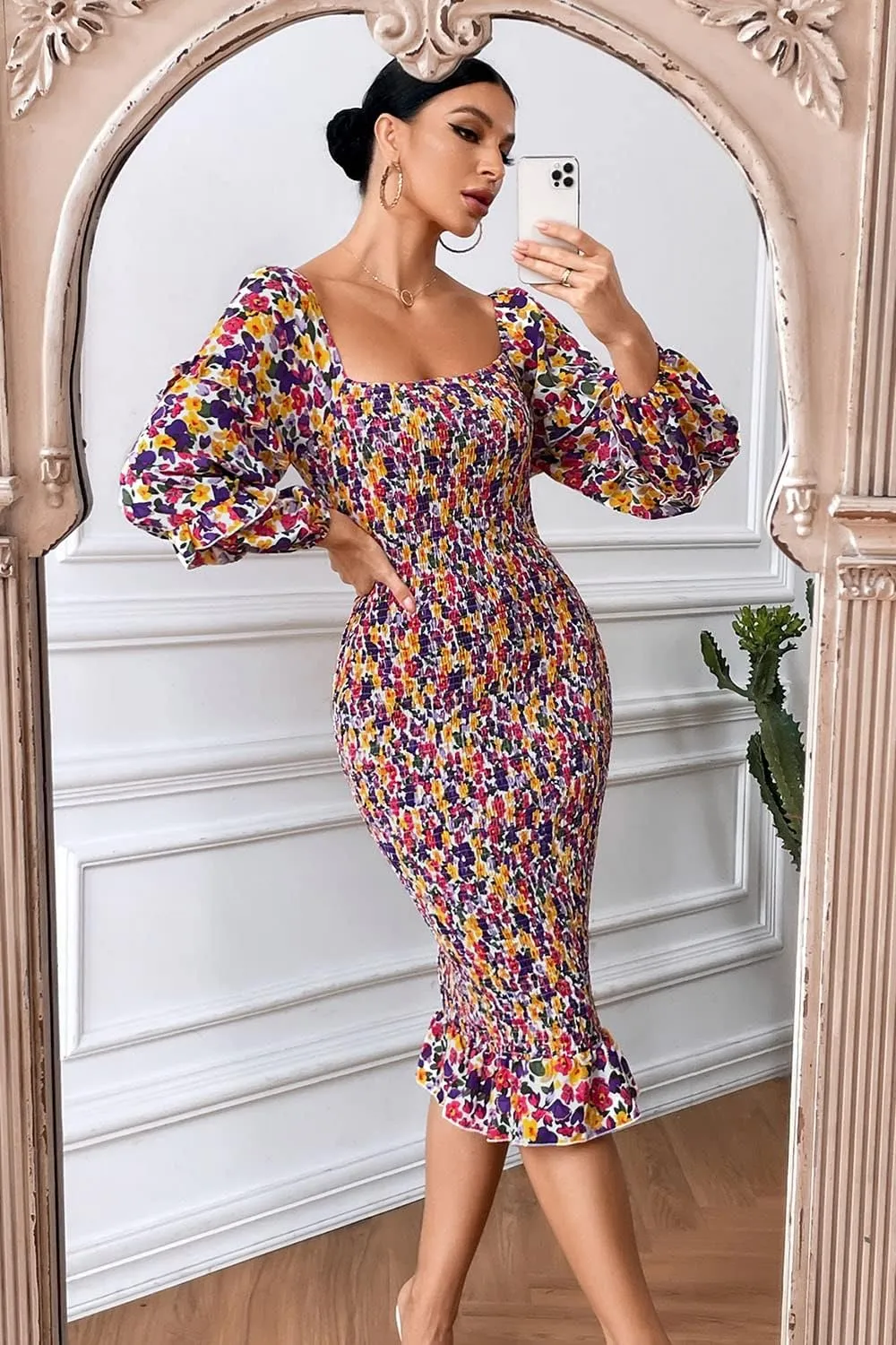 PRETTYGARDEN Women's Long Puff Sleeve Floral Midi Bodycon Dresses Square Neck Ruffle Mermaid Smocked Dress