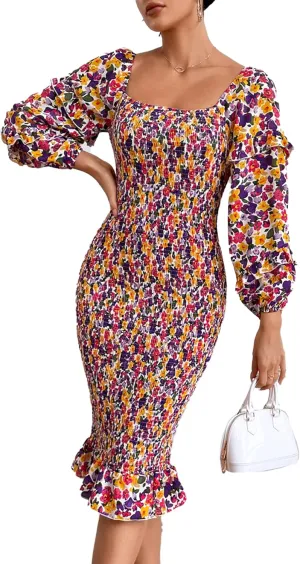 PRETTYGARDEN Women's Long Puff Sleeve Floral Midi Bodycon Dresses Square Neck Ruffle Mermaid Smocked Dress