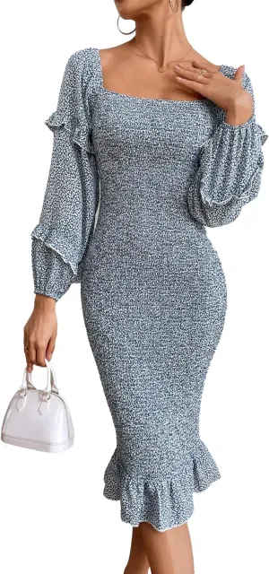 PRETTYGARDEN Women's Long Puff Sleeve Floral Midi Bodycon Dresses Square Neck Ruffle Mermaid Smocked Dress