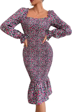 PRETTYGARDEN Women's Long Puff Sleeve Floral Midi Bodycon Dresses Square Neck Ruffle Mermaid Smocked Dress