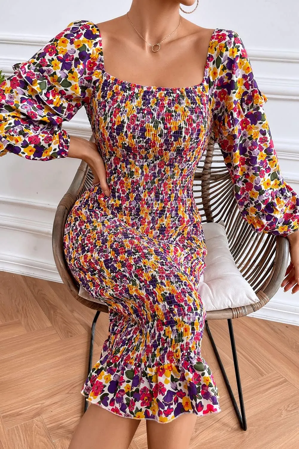 PRETTYGARDEN Women's Long Puff Sleeve Floral Midi Bodycon Dresses Square Neck Ruffle Mermaid Smocked Dress