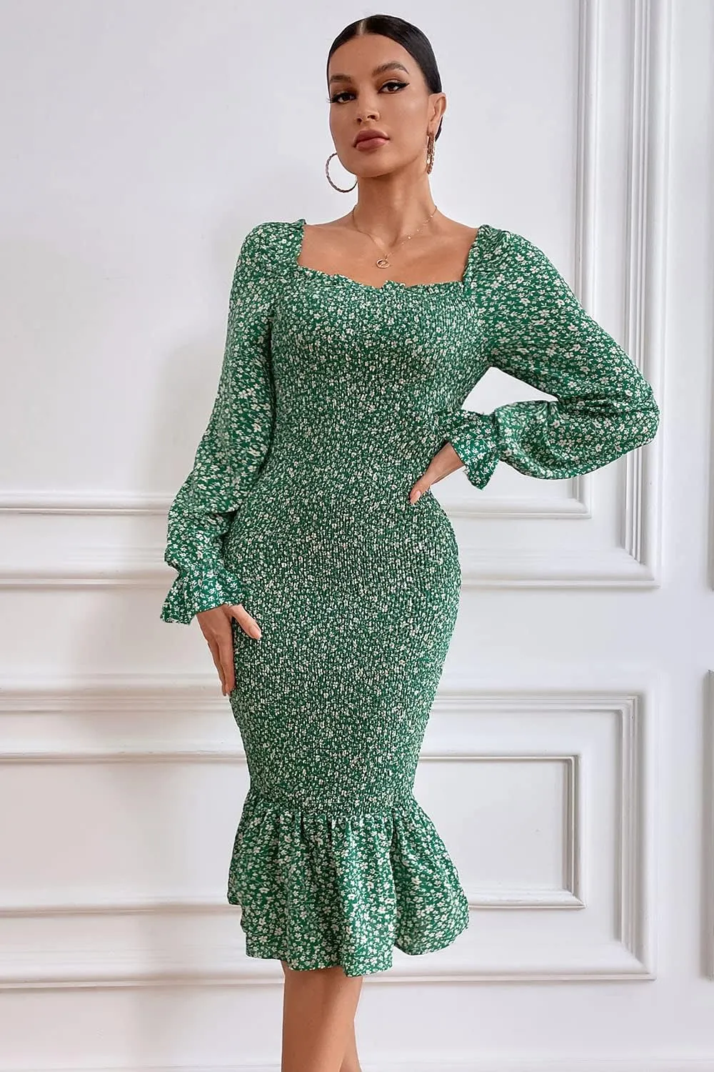 PRETTYGARDEN Women's Long Puff Sleeve Floral Midi Bodycon Dresses Square Neck Ruffle Mermaid Smocked Dress