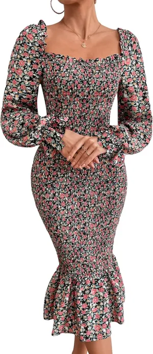 PRETTYGARDEN Women's Long Puff Sleeve Floral Midi Bodycon Dresses Square Neck Ruffle Mermaid Smocked Dress
