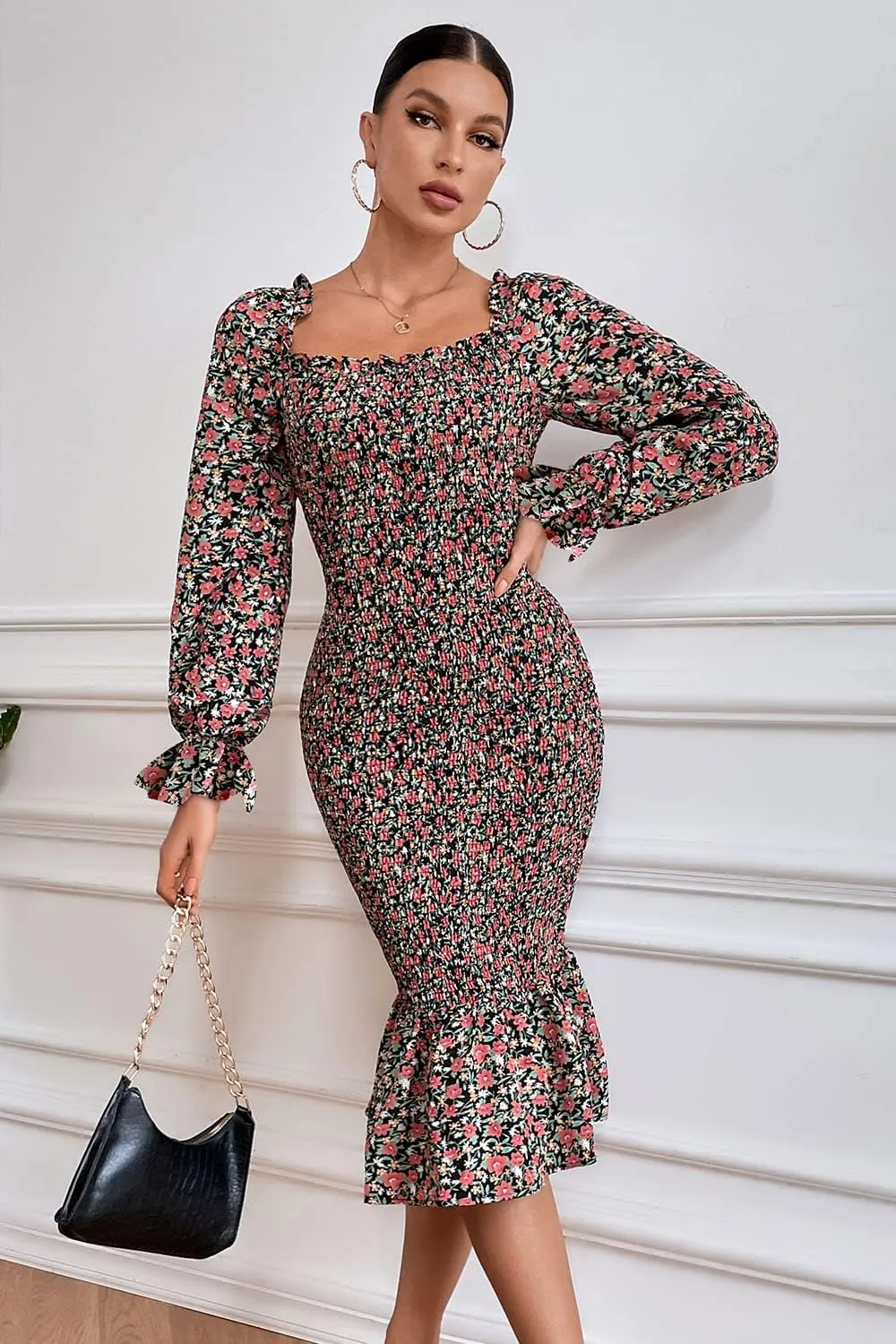 PRETTYGARDEN Women's Long Puff Sleeve Floral Midi Bodycon Dresses Square Neck Ruffle Mermaid Smocked Dress
