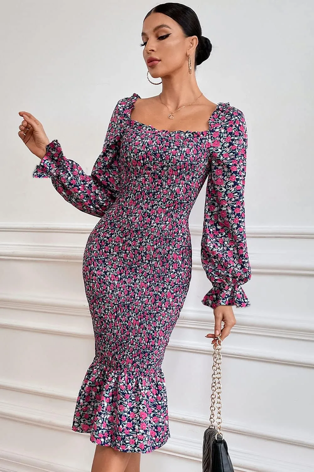PRETTYGARDEN Women's Long Puff Sleeve Floral Midi Bodycon Dresses Square Neck Ruffle Mermaid Smocked Dress