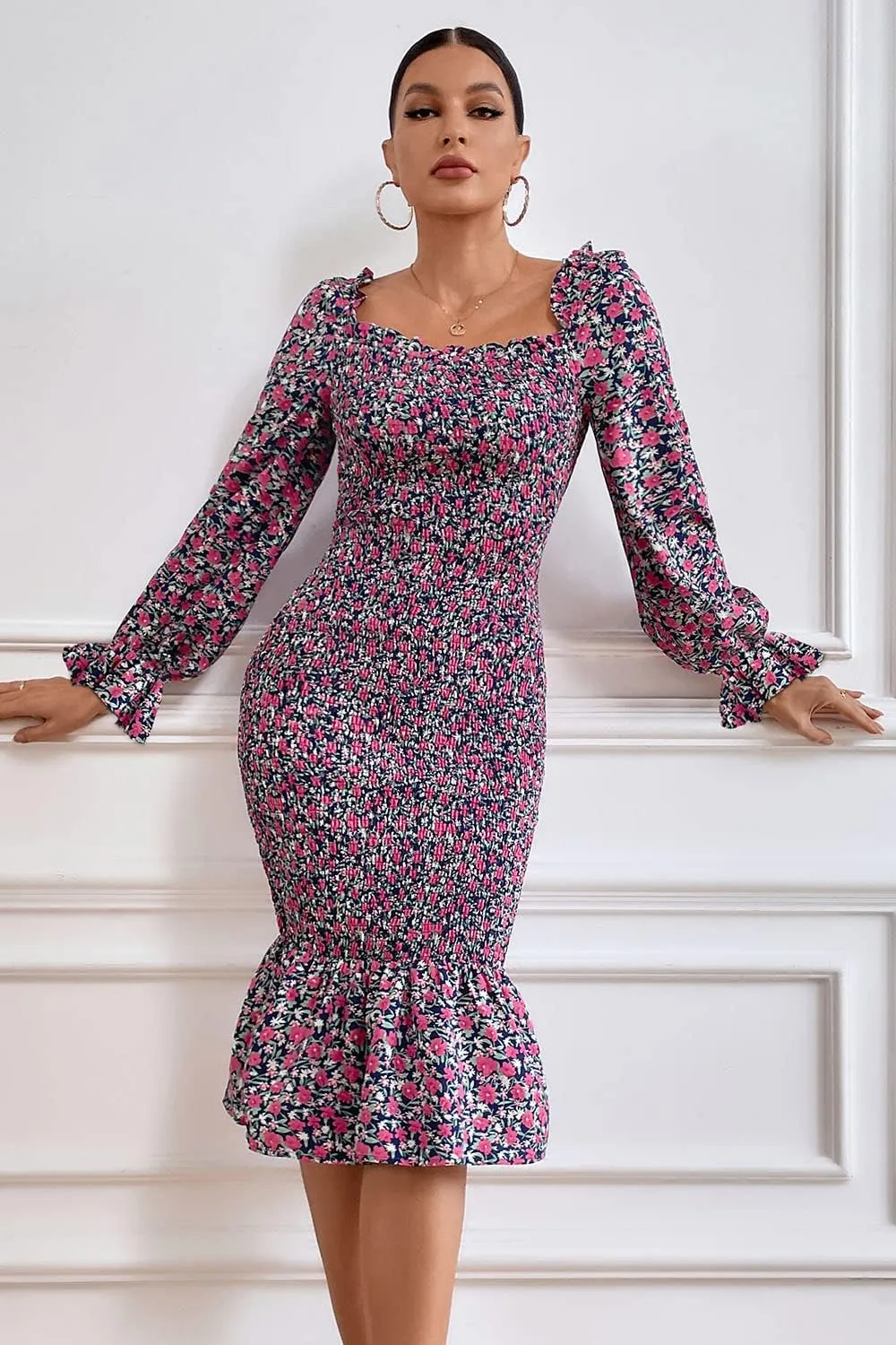 PRETTYGARDEN Women's Long Puff Sleeve Floral Midi Bodycon Dresses Square Neck Ruffle Mermaid Smocked Dress
