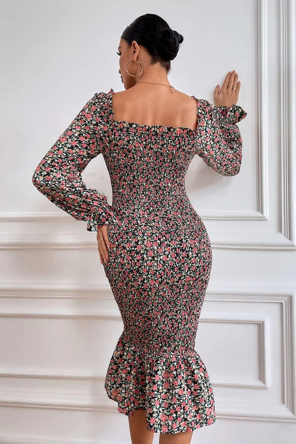 PRETTYGARDEN Women's Long Puff Sleeve Floral Midi Bodycon Dresses Square Neck Ruffle Mermaid Smocked Dress