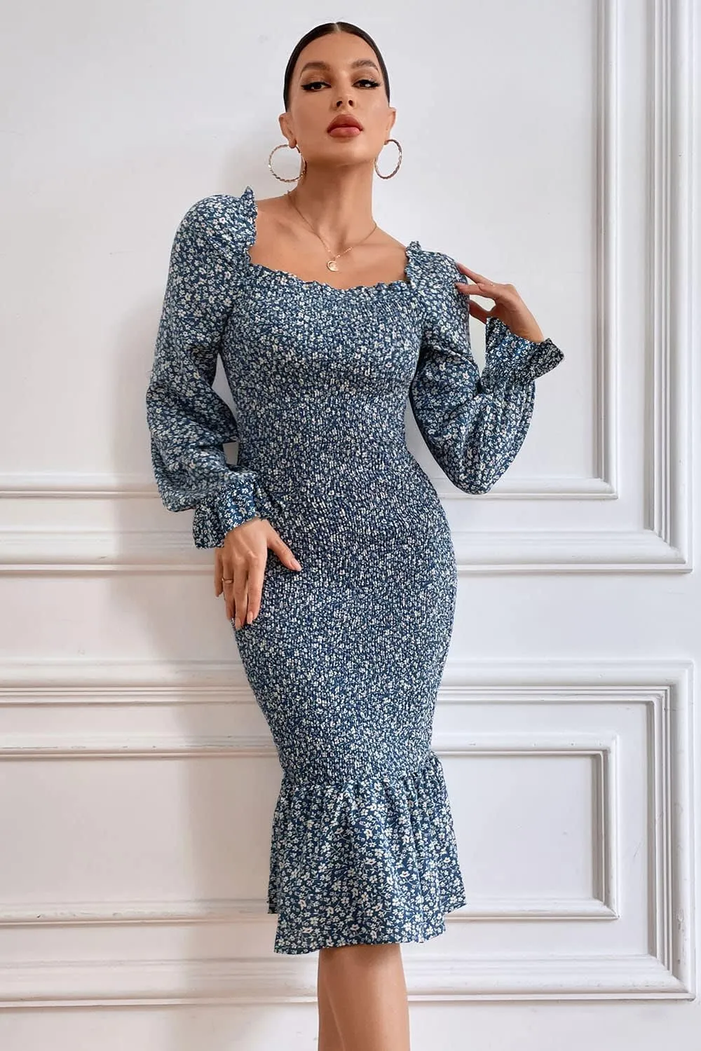 PRETTYGARDEN Women's Long Puff Sleeve Floral Midi Bodycon Dresses Square Neck Ruffle Mermaid Smocked Dress
