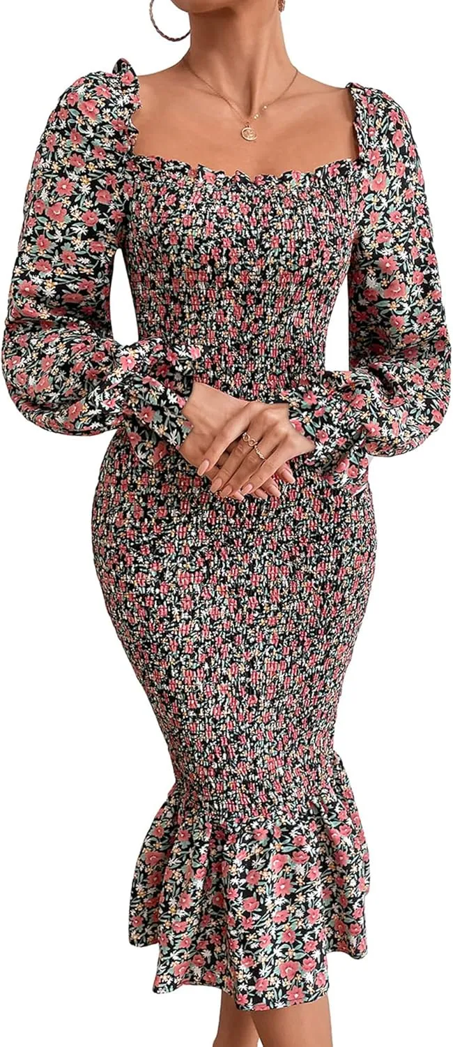 PRETTYGARDEN Women's Long Puff Sleeve Floral Midi Bodycon Dresses Square Neck Ruffle Mermaid Smocked Dress