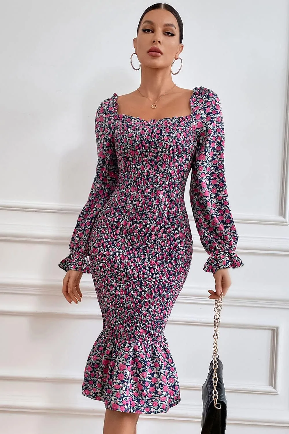 PRETTYGARDEN Women's Long Puff Sleeve Floral Midi Bodycon Dresses Square Neck Ruffle Mermaid Smocked Dress